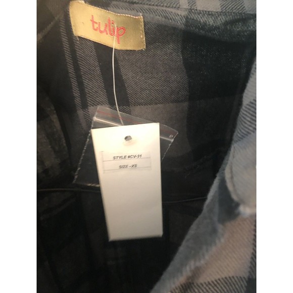 TULIP whiskey Plaid XS button Down Shirt NWT Cotton Black Gray Bustle Back lagen - Picture 3 of 8